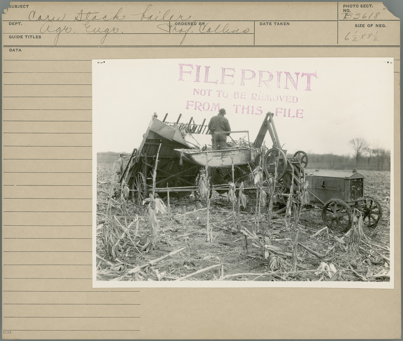 Corn stalk baler. Agricultural Engineering Department. Ordered by Professor Collins.