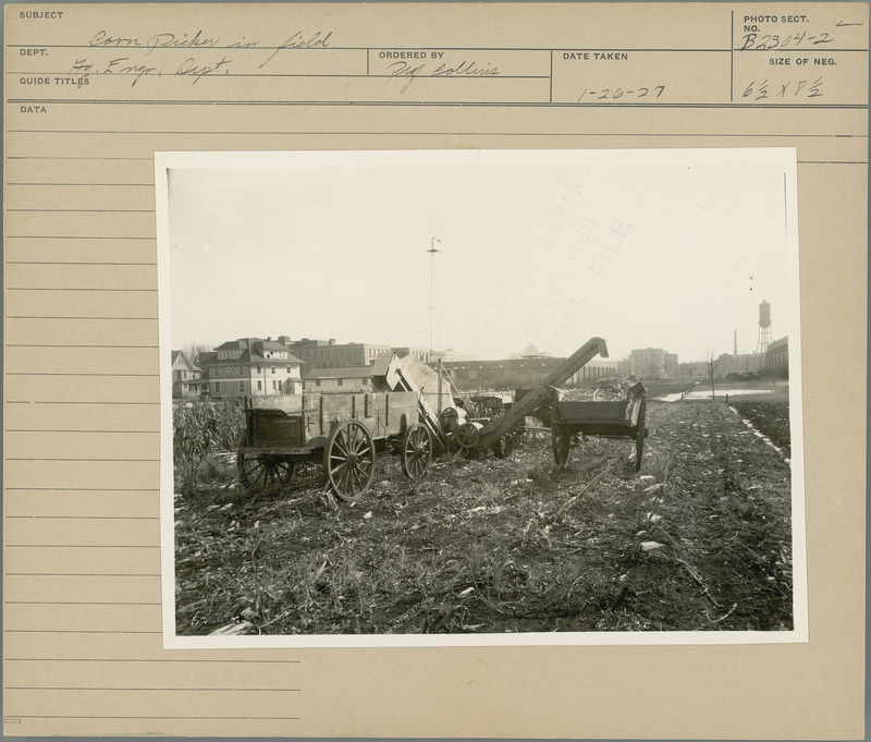 Corn pickers in field. Agricultural Engineering Department. Ordered by Professor Collins.