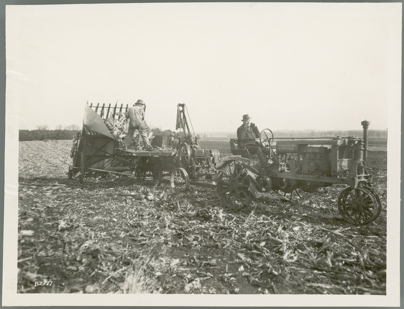 Corn stalk harvesting equipment. Davidson on tractor. Agricultural Engineering Department.