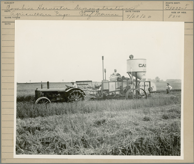 Case combine harvester demonstration. Agricultural Engineering Department. Ordered by Professor Mervine. 7/23/29.