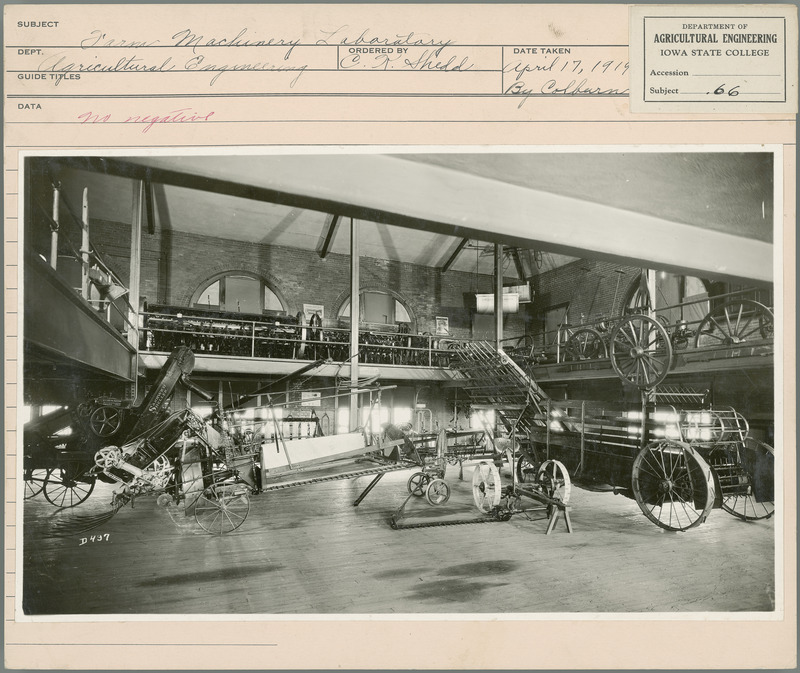 Farm Machinery Laboratory. Agricultural Engineering Department. Ordered by C. K. Shedd. April 17, 1919 by Colburn.
