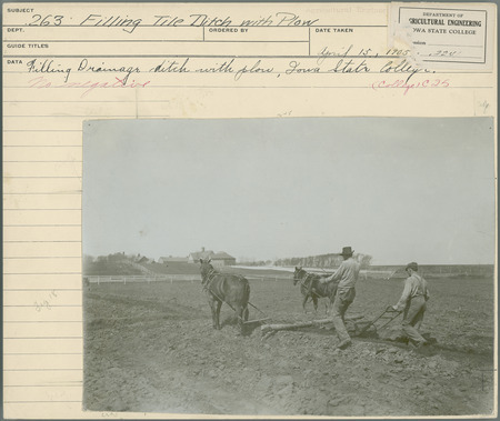 Filling drainage ditch with plow. Agricultural Engineering Department, April 15, 1905.