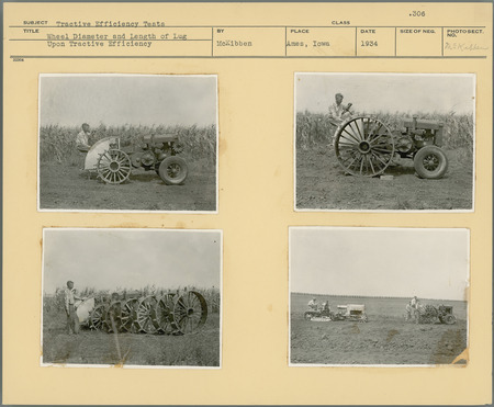 Tractive Efficiency Tests. Effect of wheel diameter and length of lug upon tractive efficiency. By McKibben. Ames, IA. 1934.