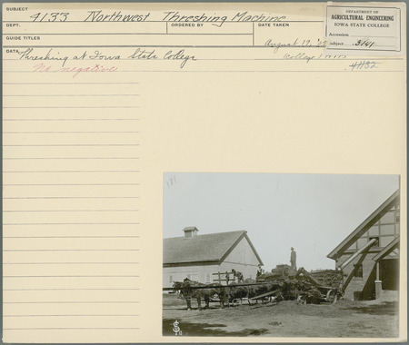 Northwest threshing machine. Threshing at Iowa State College. Agricultural Engineering Department. August 19, 1905.