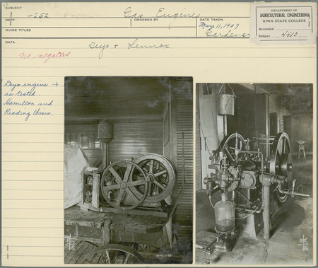 Two gas engines, one manufactured by Deyo the other by Lennox. Deyo engine pictured as tested. Engines were tested as part of the Hamilton and Reading thesis. Agricultural Engineering Department. Photograph by Gardener. May 11, 1907.
