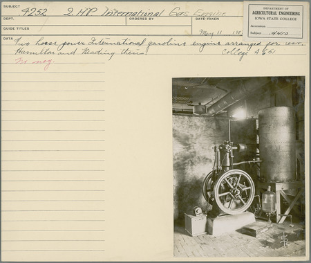 Two H.P. International Gas Engine. Two horse power International gasoline engine arranged for test. Hamilton and Reading thesis. Agricultural Engineering Department. May 11, 1907.