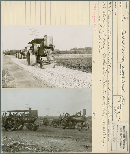 (A) Demonstration road building, road school, Ames, Iowa. (B) Students of Farm Mechanics Department, Iowa State College practicing road construction. Agricultural Engineering Department. Aug. 17, 1908. (possibly 1906?).