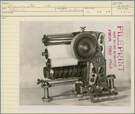 Side view of dynamometer, ordered by J. B. Davidson, head of the Agricultural Engineering Department.