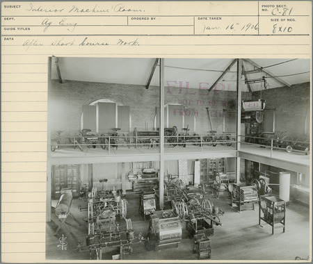 Interior Machine Room. After short course work. Agricultural Engineering Department. Jan. 16, 1906.