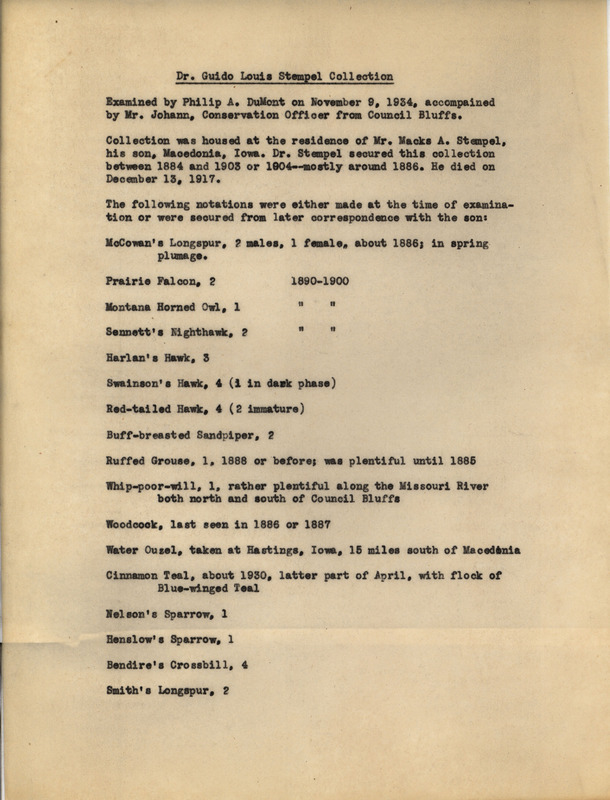 Research notes regarding specimen collection examined November 9, 1934. A list of some bird specimens that Philip DuMont examined from the Stempel collection.