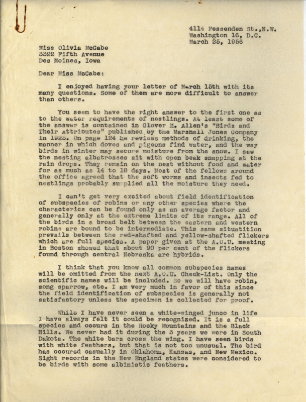 Letter from Philip DuMont to Olivia McCabe dated March 25, 1956. Philip DuMont answers Olivia McCabe's questions regarding nestlings, subspecies and identifying birds in the field.