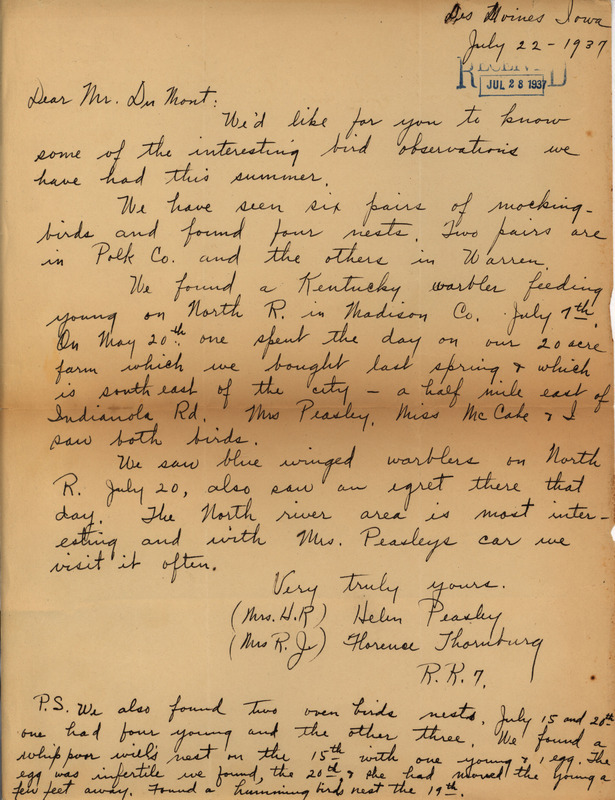 Letter from Helen Peasley and Florence Thornburg to Philip DuMont dated July 22, 1937. Peasley and Thornburg inform DuMont about some interesting bird and nest sightings they have had in the summer.