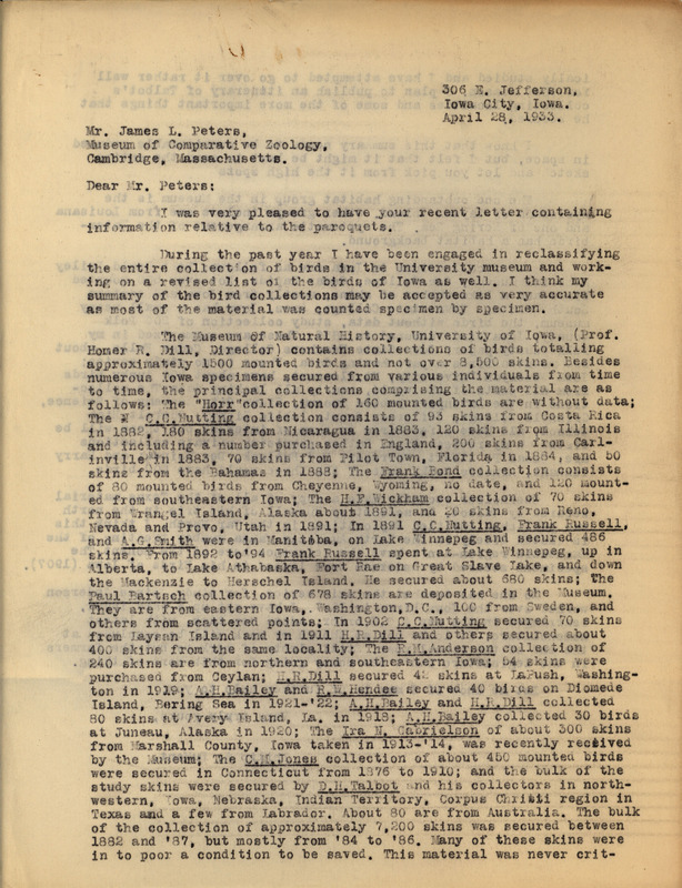 Letter from Philip DuMont to James Peters dated April 28, 1933. In this letter DuMont discusses identifying and reclassifying the bird collection at the University of Iowa Museum of Natural History, and lists numerous other bird collections held in Iowa.