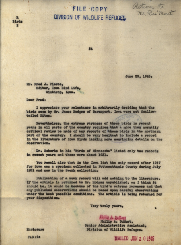 Letter from Philip DuMont to Fred Pierce dated June 29, 1945. DuMont responds to Pierce's request to review a questionable sighting by saying that sightings of rare birds should only be published if they were made under ideal conditions. This document is in response to a letter from Pierce: https://n2t.net/ark:/87292/w9kp7tr0x.