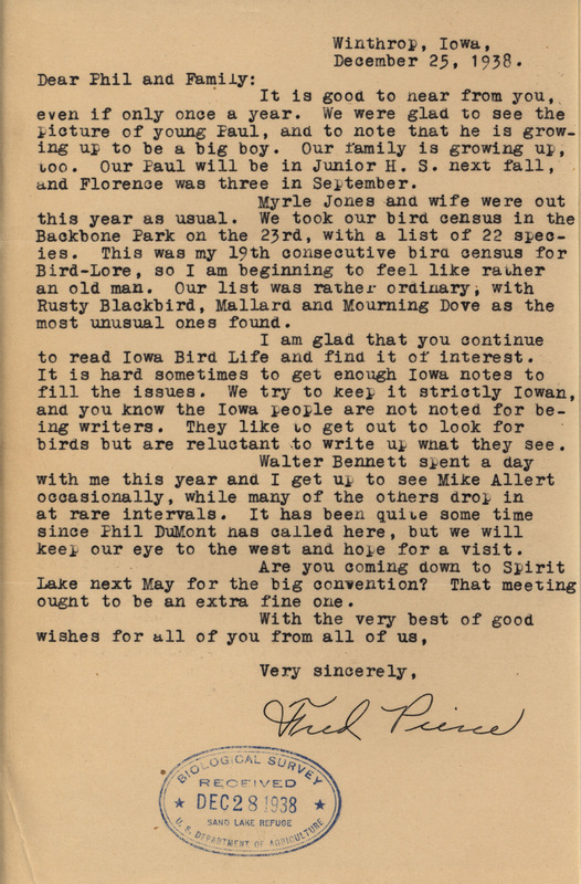 Letter from Fred Pierce to Philip DuMont dated December 25, 1938. Pierce discusses family, acquaintances, the Christmas bird census, and the upcoming Iowa Ornithologists' Union annual meeting.