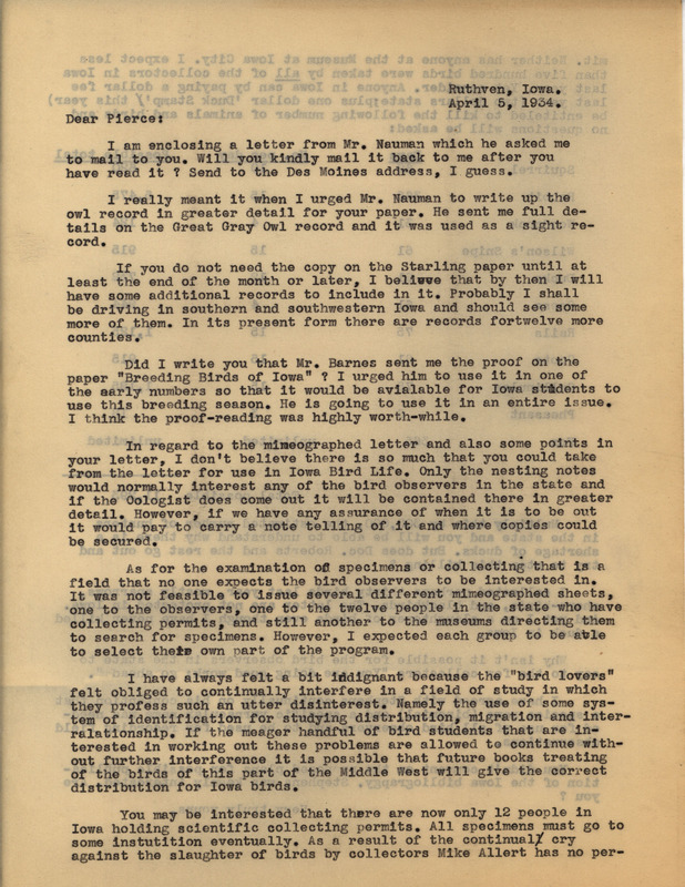 Letter from Philip DuMont to Fred Pierce dated April 5, 1934. DuMont discusses possible articles for Iowa Bird Life and complains about the lack of support for specimen collectors.