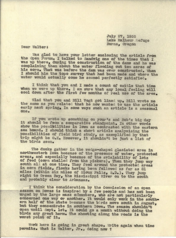 Letter from Philip DuMont to Walter Rosene dated July 27, 1935. DuMont discusses article writing, duck migration and dove hunting. This document is in response to a letter from Rosene: https://n2t.net/ark:/87292/w9jq0sv1q.