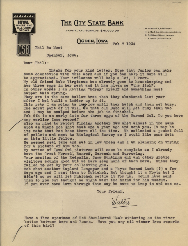 Letter from Walter Rosene to Philip DuMont dated February 7, 1934. Rosene discusses photographing owls, mentions some birds that had recently been shot and notes a wintering Red-shouldered Hawk.