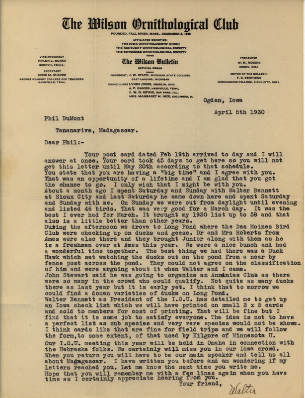 Letter from Walter Rosene to Philip DuMont dated April 5, 1930. Rosene recounts bird outings with Walter Bennett and reports that the Iowa Ornithologists' Union plans on creating and selling an Iowa checklist.