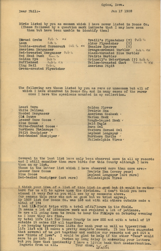 Letter from Walter Rosene to Philip DuMont dated January 17, 1928. Rosene sends DuMont a list of birds he has never sighted in Boone County, those he has sighted and thinks are common although DuMont considers them rare, and those he has sighted but considers to be rare.