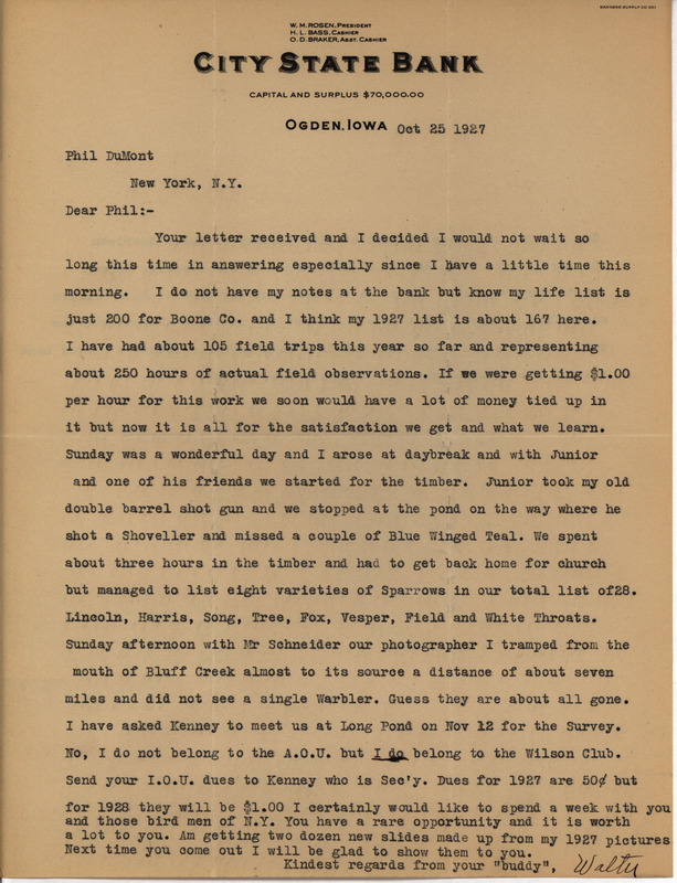 Letter from Walter Rosene to Philip DuMont dated October 27, 1927. Rosene describes a recent hunting and sighting outing and discusses ornithology society memberships.