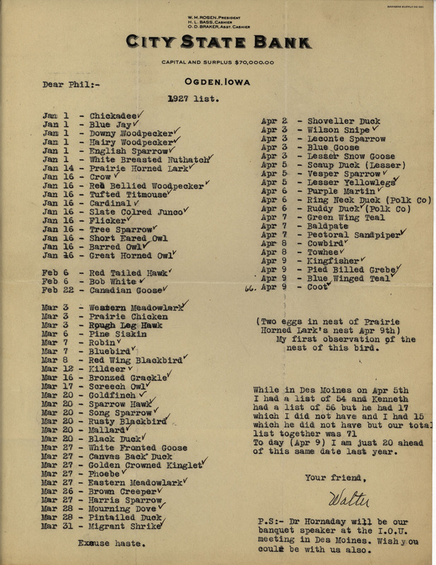 Letter from Walter Rosene to Philip DuMont dated April 9, 1927. Rosene sends DuMont a copy of his up-to-date list of birds sighted for 1927.