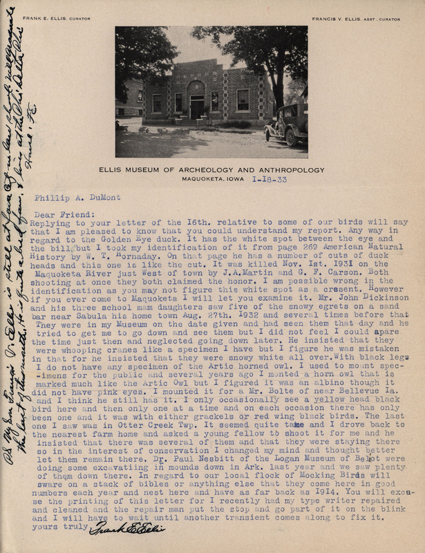 Letter from Frank Ellis to Philip DuMont dated January 18, 1933. In this letter Ellis responds to more questions from DuMont regarding specimens housed in the Ellis Museum of Archeology and Anthropology and birds found around Maquoketa.