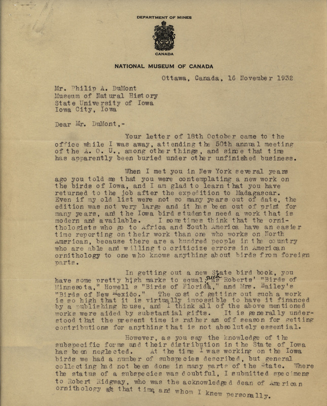 Letter from Rudolph Anderson to Philip DuMont dated November 16, 1932. In this letter Anderson describes how he gathered information for his book "The birds of Iowa.".