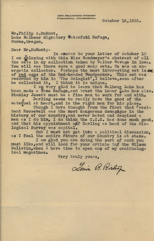 Letter from Louis Bishop to Philip DuMont dated October 15, 1935. In this letter Bishop responds to DuMont's request for information about the Walter Savage egg collection. Included with this letter is an inventory of the specimens that Bishop purchased from Savage.