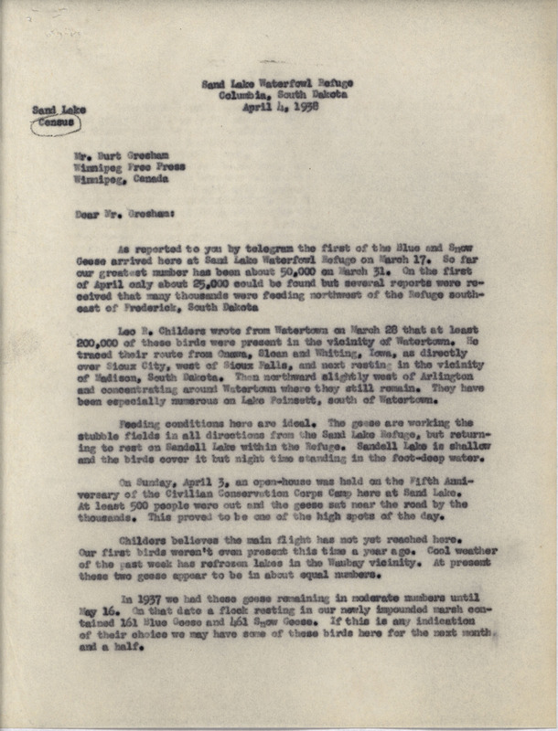 Letter from Philip DuMont to Burt Gresham dated April 4, 1938. Philip DuMont reports on Snow and Blue Goose migration and inquires about stopover sites. This document is answered by a letter from Gresham: https://avian.lib.iastate.edu/documents/3518/view.