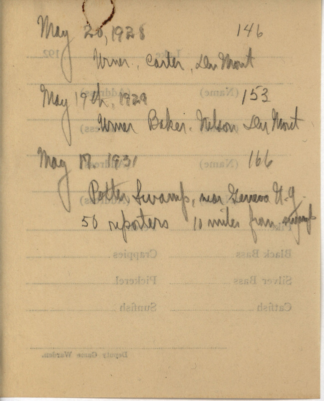 Bird checklist with various dates. A checklist of birds sighted by Philip DuMont and Kenneth Nelson on June 3, 1929 and Philip DuMont and Janetta DuMont on May 13, 1934. Included with this checklist are tallies of birds sighted by Philip DuMont and others on May 20, 1928, May 19, 1929, and May 17, 1931.