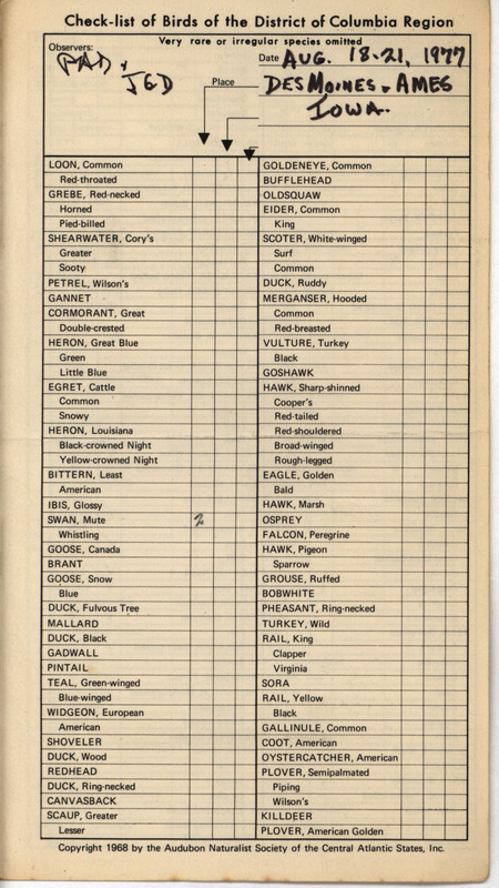 Bird checklist dated August 18 to 21, 1977. A checklist of birds sighted by Philip and Jean DuMont in Des Moines and Ames, annotated with number sighted.