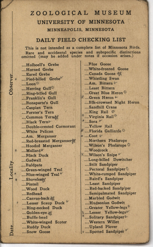 Bird checklist dated May 2-11. A checklist of birds sighted by Philip DuMont on an outing from Des Moines to the Ledges May 2-3, and then on a trip from Des Moines to Omaha May 10-11, annotated with whether the bird was common, occasional or rare.