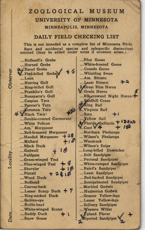 Bird checklist dated May 27-30. A checklists of birds sighted by Philip DuMont in Des Moines on May 27, in Des Moines and Ames on May 29, at Little Wall Lake, Jewell and Des Moines on May 30, annotated with number sighted.