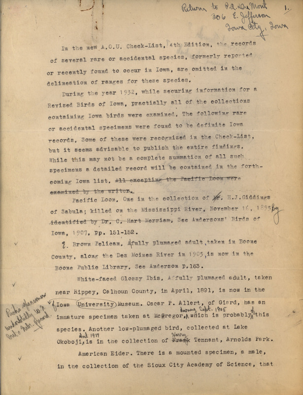 Undated research notes. While conducting research for the book "Revised List of the Birds of Iowa" Philip DuMont studied many collections of Iowa bird specimens. This list is comprised of birds that he found collected in Iowa that are not listed as being in range in the American Ornithologists' Union checklist.