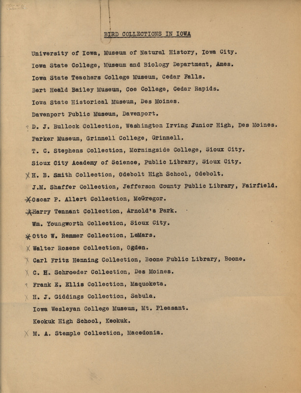 Undated research notes. This is a list of bird collections that can be found in Iowa. Each collection is listed with its location.