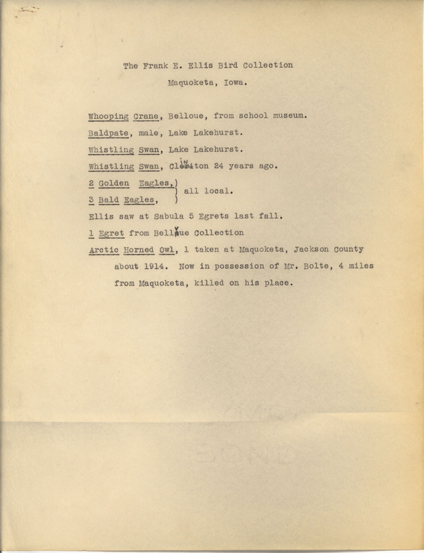 Undated research notes. This is a list of bird specimens found in the Frank E. Ellis bird collection. The bird specimens are annotated with the location where they were collected.