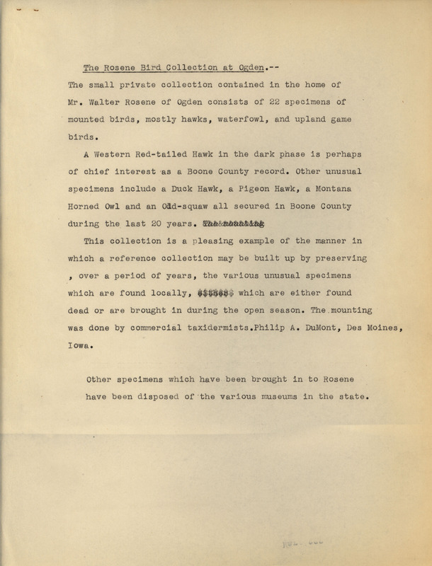 Undated research notes. This is a description of the Rosene collection. The description gives a brief overview of the bird collection and praises it as a pleasing example of how a private collector can create a reference collection.