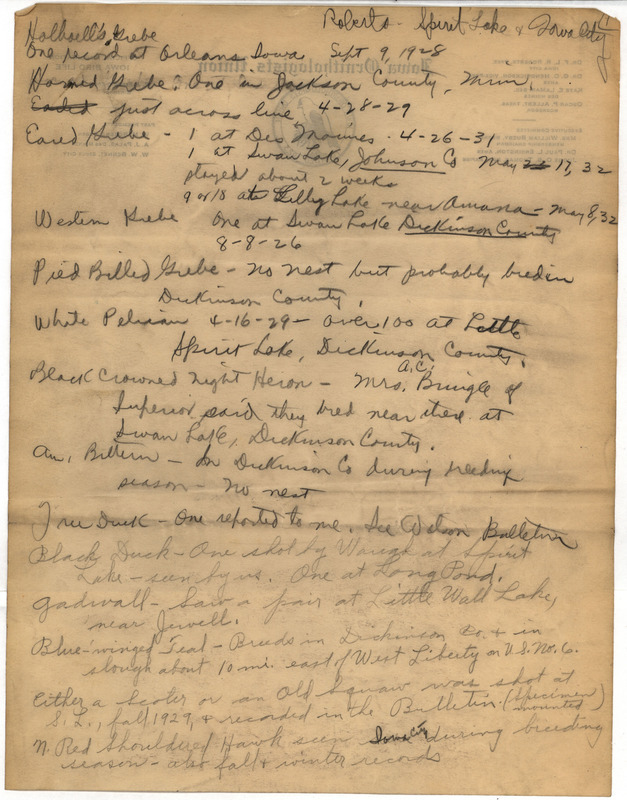 Annotated checklist of birds. Francis Roberts responds to Philip DuMont's questionnaire requesting specimens and sight records needed for his revised list of the birds of Iowa. Roberts reports on whether the species is present, if it breeds in state, how common or rare the bird is, and if there is a specimen available.