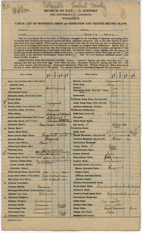Annotated checklist of birds. Bernt Wolden responds to Philip DuMont's questionnaire requesting specimens and sight records needed for his revised list of the birds of Iowa. Wolden reports on whether the species is present, if it breeds in state, how common or rare the bird is, and if there is a specimen available.