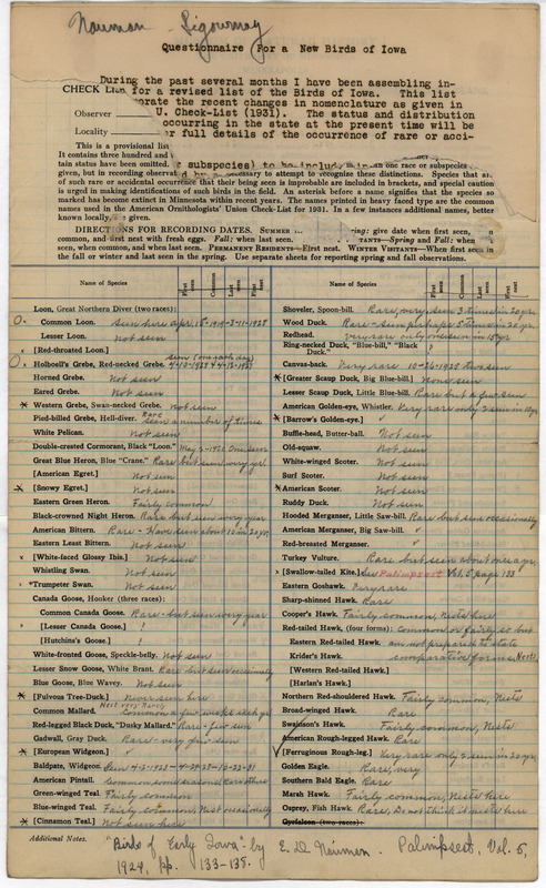 Annotated checklist of birds. Emil Nauman responds to Philip DuMont's questionnaire requesting specimens and sight records needed for his revised list of the birds of Iowa. Nauman reports on whether the species is present, if it breeds in state, how common or rare the bird is, and if there is a specimen available.