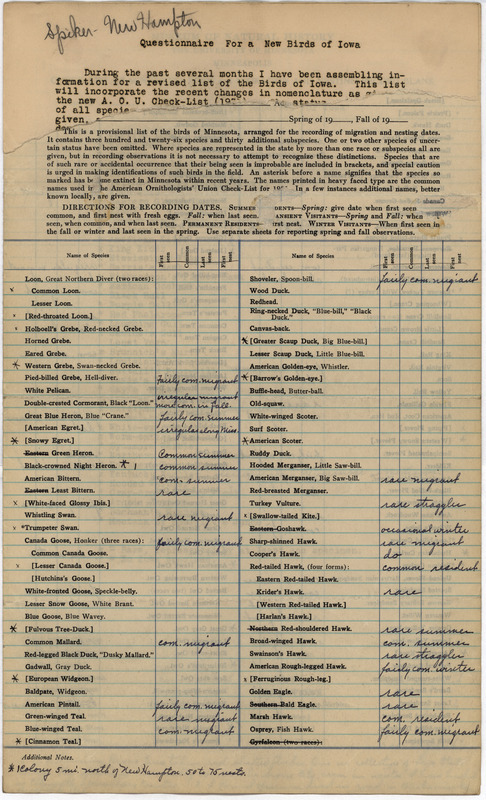 Annotated checklist of birds. Charles Spiker responds to Philip DuMont's questionnaire requesting specimens and sight records needed for his revised list of the birds of Iowa. Spiker reports on whether the species is present, if it breeds in state, how common or rare the bird is, and if there is a specimen available.