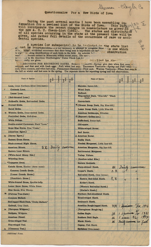 Annotated checklist of birds. Althea Sherman responds to Philip DuMont's questionnaire requesting specimens and sight records needed for his revised list of the birds of Iowa. Sherman reports on whether the species is present, if it breeds in state, how common or rare the bird is, and if there is a specimen available.