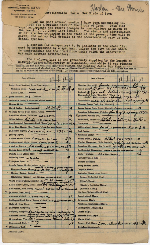 Annotated checklist of birds. Edgar Harlan responds to Philip DuMont's questionnaire requesting specimens and sight records needed for his revised list of the birds of Iowa. Harlan reports on whether the species is present, if it breeds in state, how common or rare the bird is, and if there is a specimen available.