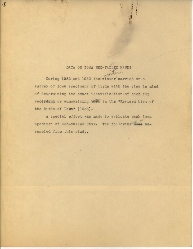 Research notes compiled from 1932-1933. In these notes Philip DuMont compiled a detailed list of all the Red-tailed Hawk specimens he could find in Iowa, classifying them by subspecies.