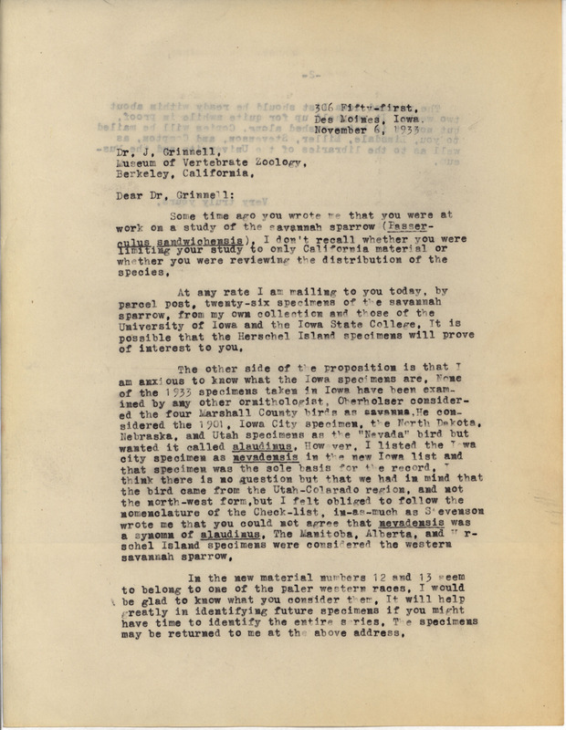 Letter from Philip DuMont to Joseph Grinnell dated November 6, 1933. DuMont asks for assistance in correctly identifying Savannah Sparrow specimens and mentions that the Revised list of the birds of Iowa should be available in about two weeks. This document is answered by a letter from Grinnell: https://n2t.net/ark:/87292/w9z60c19d.