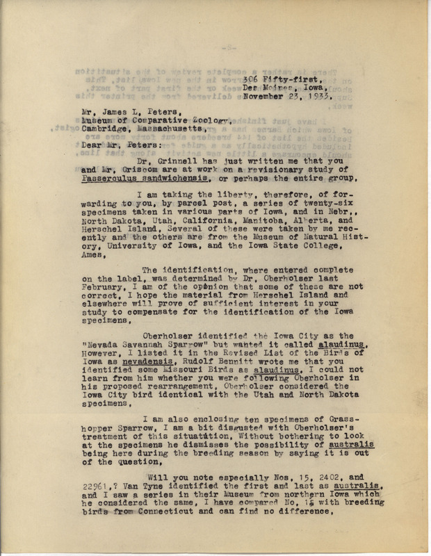 Letter from Philip DuMont to James Peters dated November 23, 1933. DuMont asks for assistance in correctly identifying Savannah Sparrow specimens and verifying Grasshopper Sparrow specimens. This document is answered by a letter from Peters: https://n2t.net/ark:/87292/w96688q00.