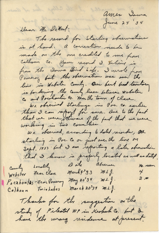 Myrle Jones to Philip DuMont dated June 24, 1934. Jones reports on Starling sightings from March 4, 1933 to March 20, 1934. He also mentions his current activities while attending Iowa State College.