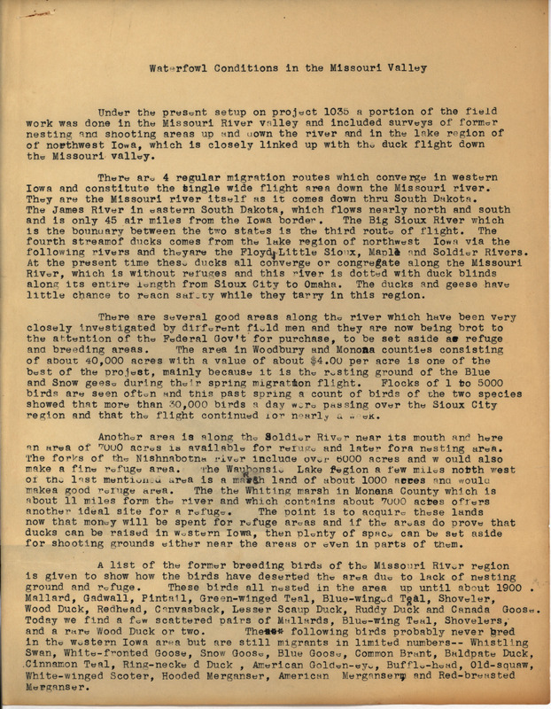 Undated report. A report about Waterfowl migration suggests possible areas for purchase in order to create wildlife refuges in Western Iowa.