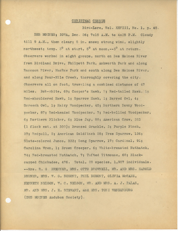 Report dated December 26. This report conveys the results of the 1925 Christmas bird count from the Des Moines Audubon Society and was published in Bird-Lore vol. 28, no. 1.